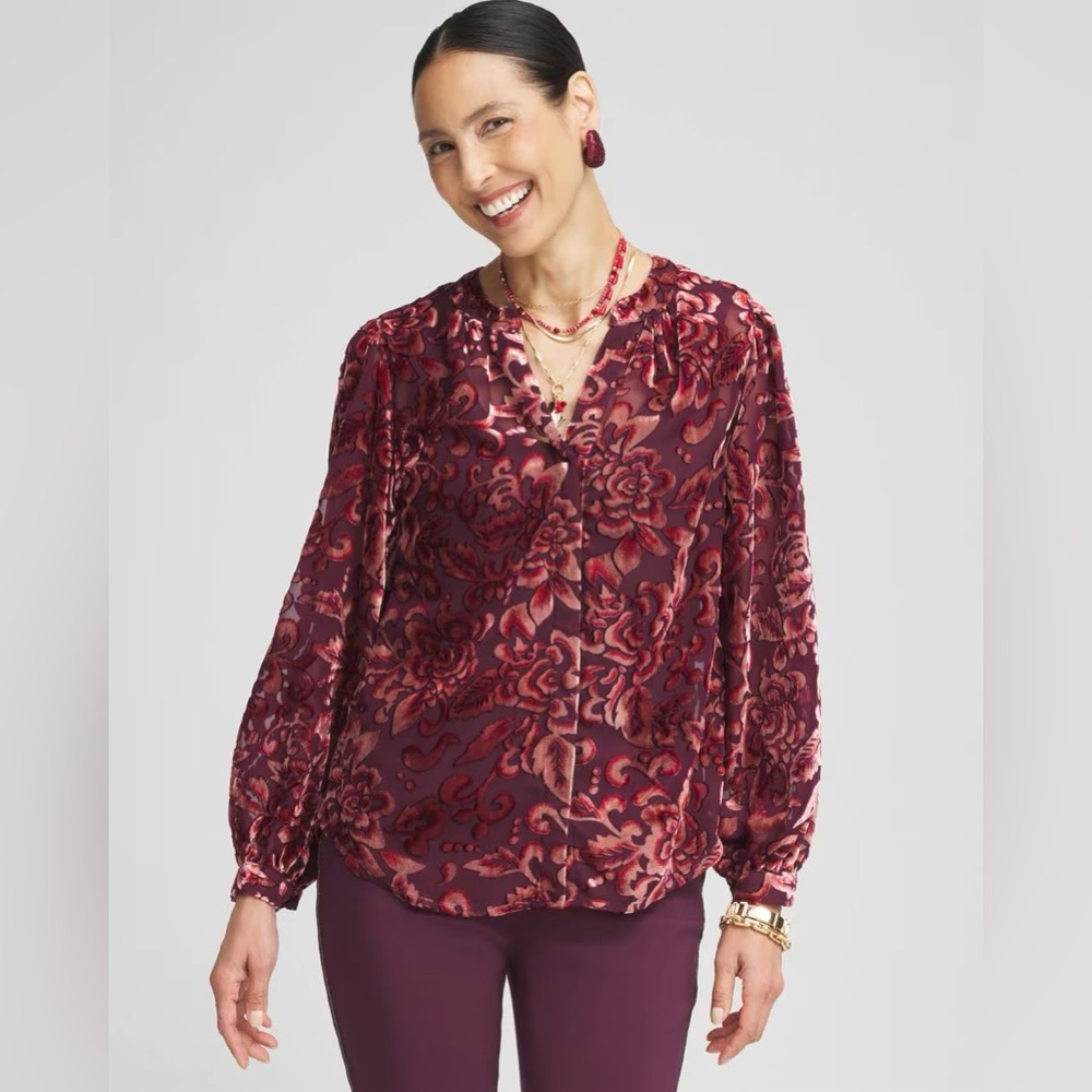 Chico’s Floral Velvet Blouse - Burgundy